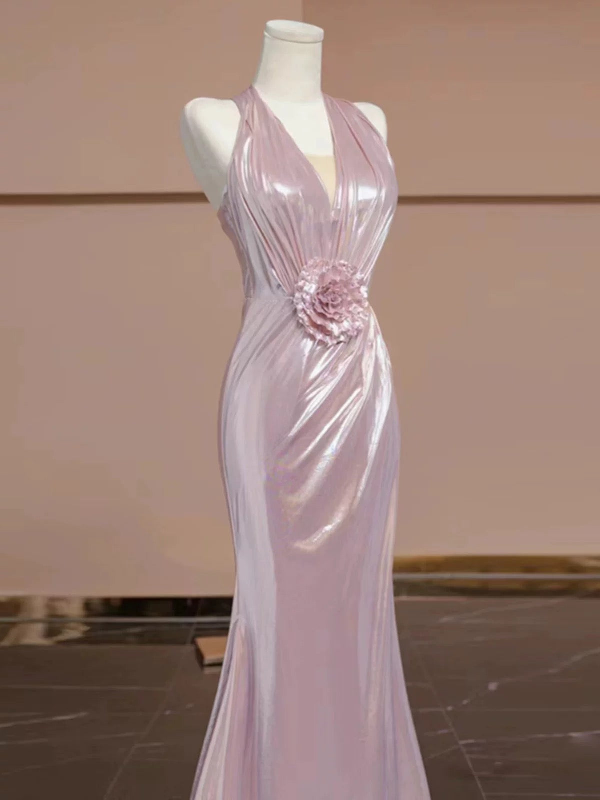 Elegant Sheath V Neckline Pink Sequin Long Prom Dress Evening Dresses With Flowers C3254