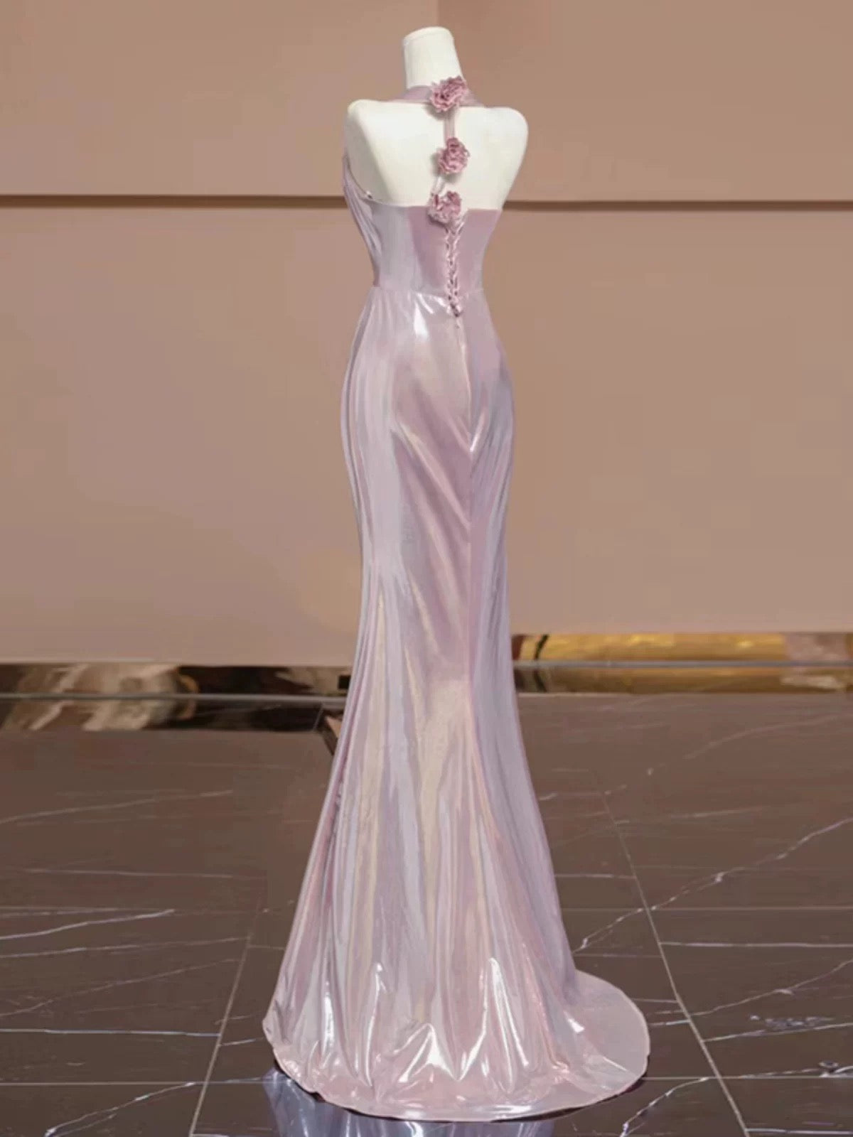 Elegant Sheath V Neckline Pink Sequin Long Prom Dress Evening Dresses With Flowers C3254