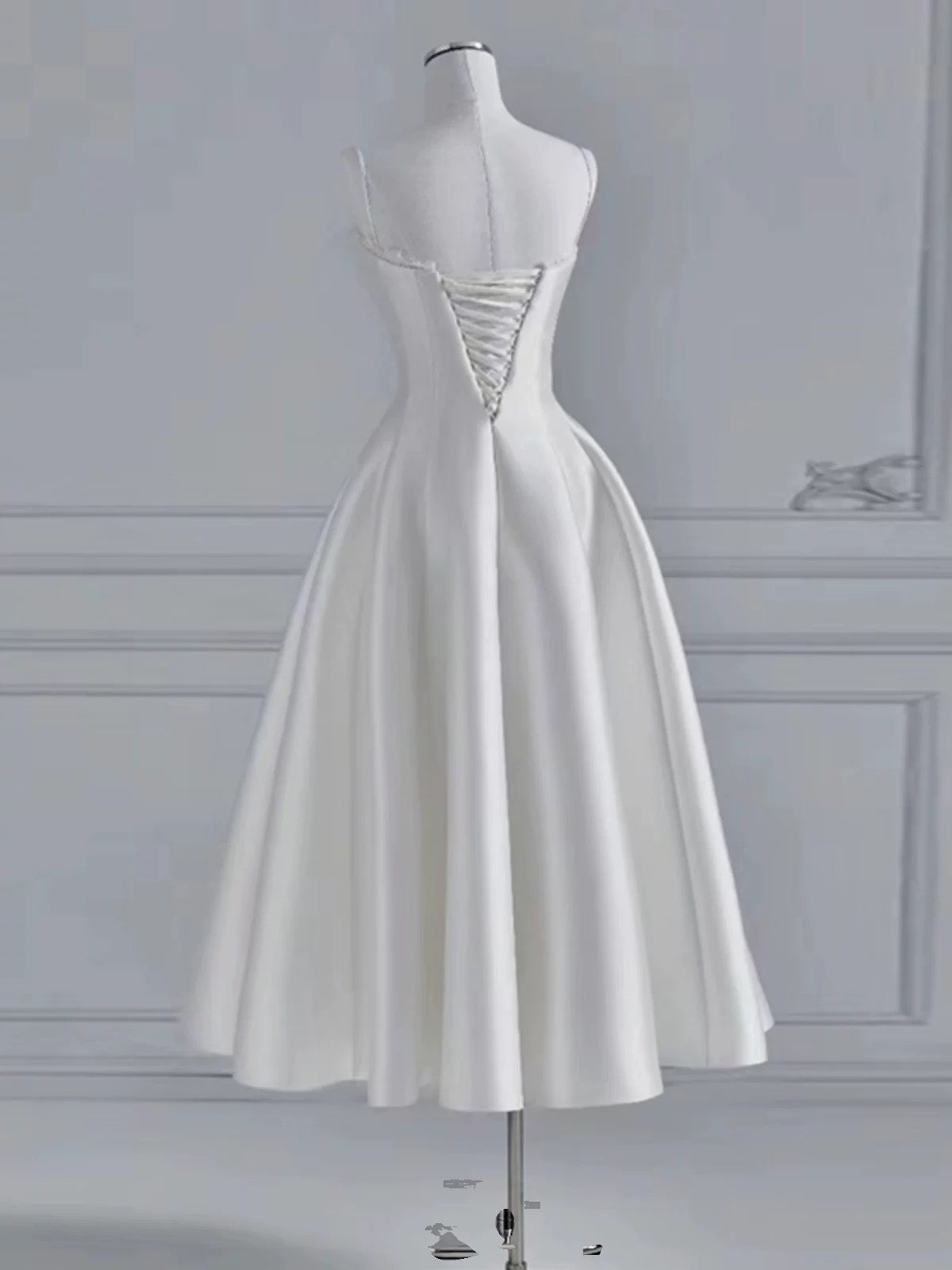 Chic A line Spaghetti Straps Tea Length White Satin Wedding Dresses With Lace C3256