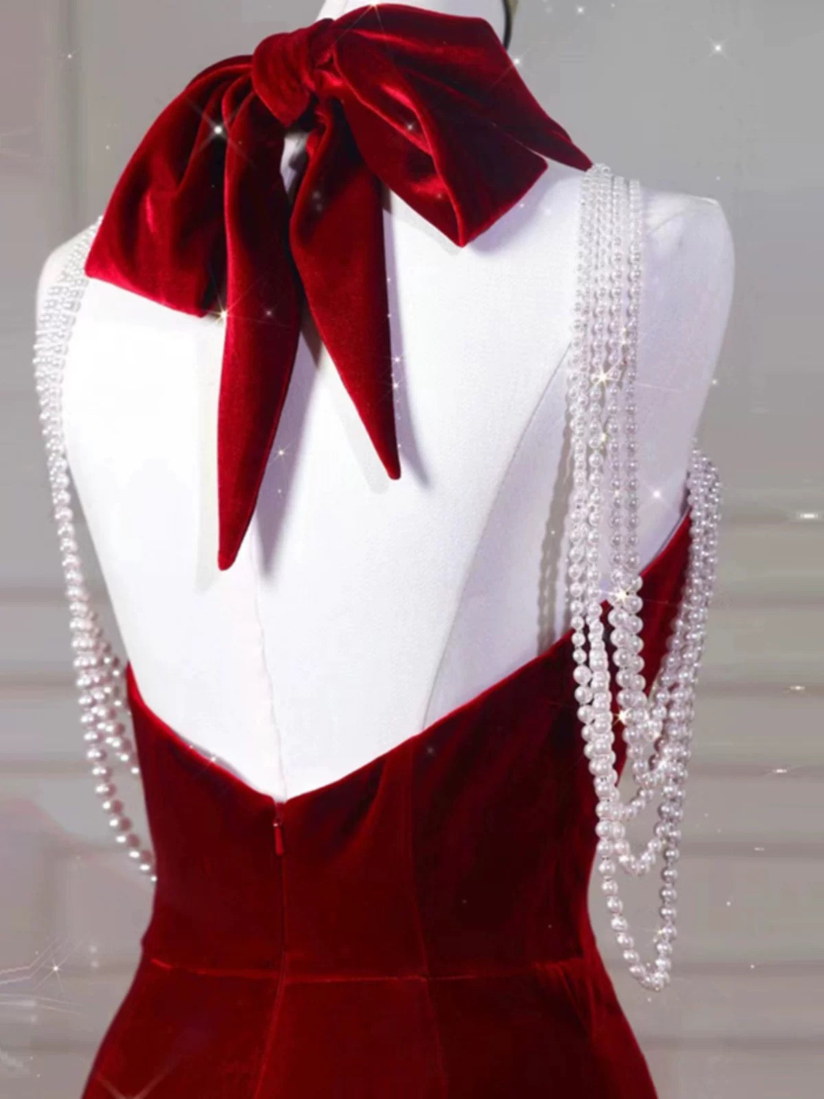 Sexy Mermaid Halter Red Velvet Long Prom Dresses Evening Dress C3266