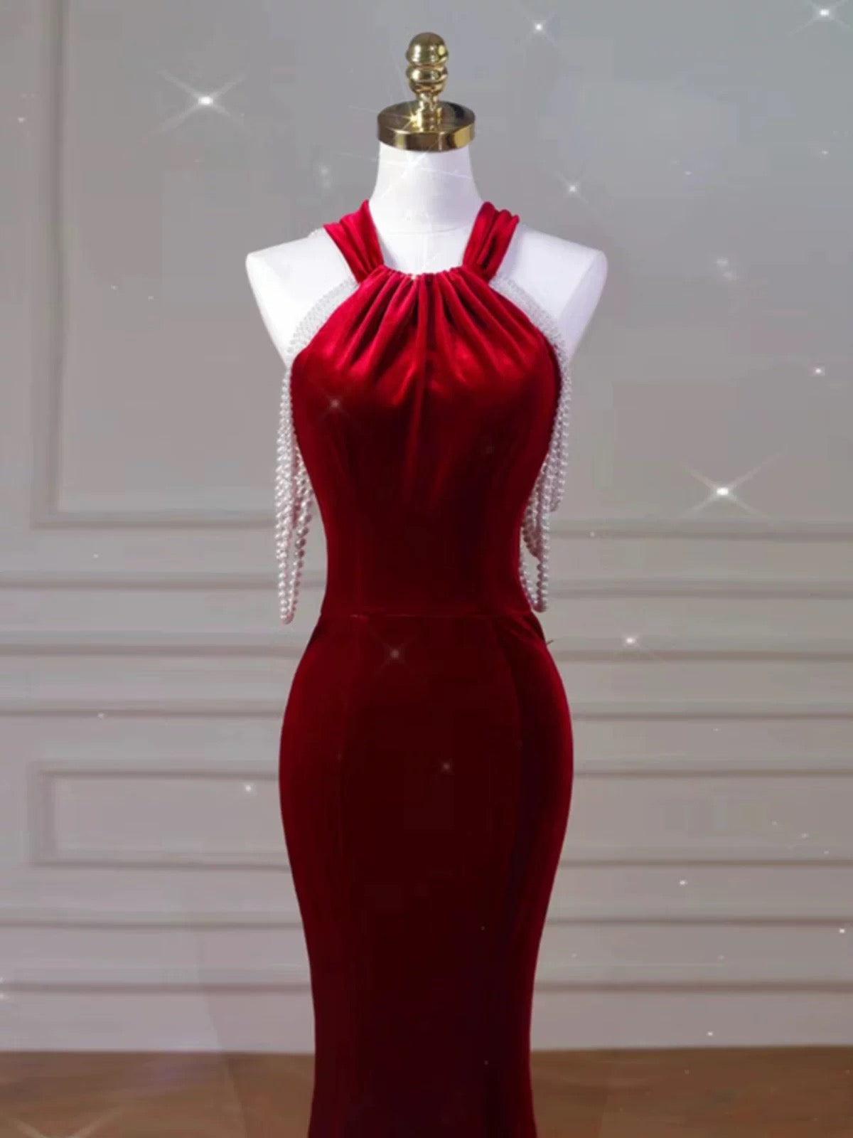 Sexy Mermaid Halter Red Velvet Long Prom Dresses Evening Dress C3266