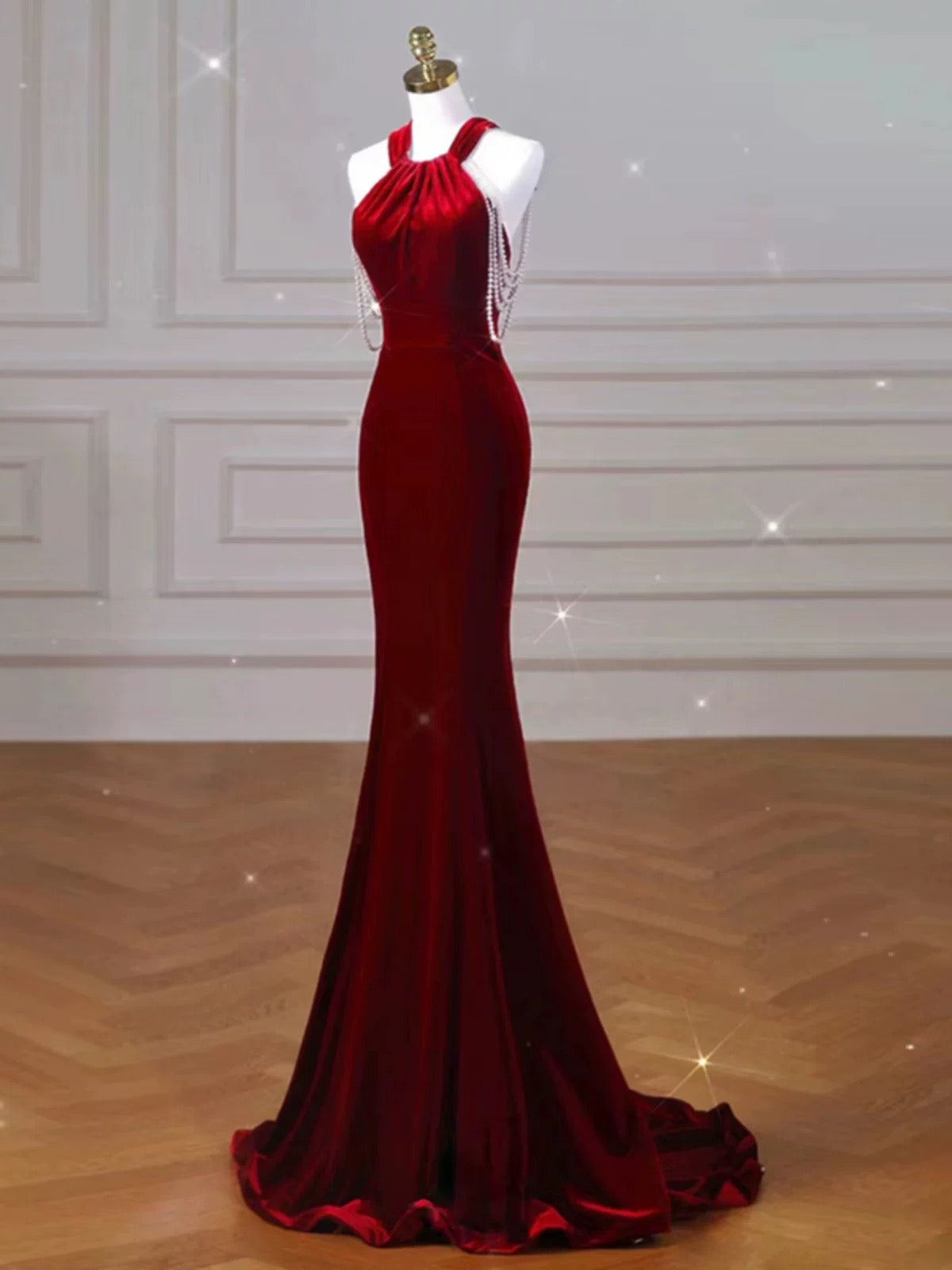 Sexy Mermaid Halter Red Velvet Long Prom Dresses Evening Dress C3266