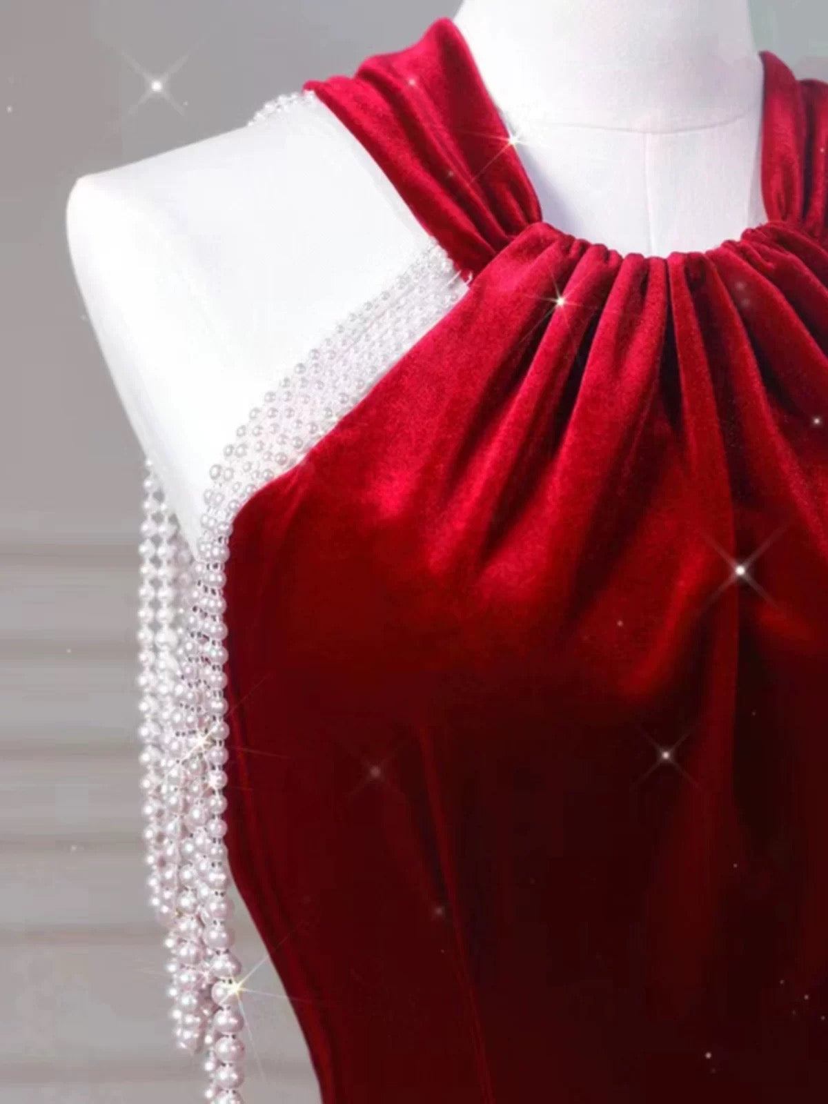 Sexy Mermaid Halter Red Velvet Long Prom Dresses Evening Dress C3266