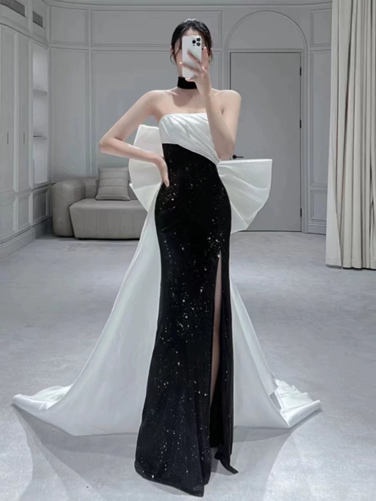Elegant Mermaid Strapless Black Sequin Long Prom Dress Evening Dresses C3269