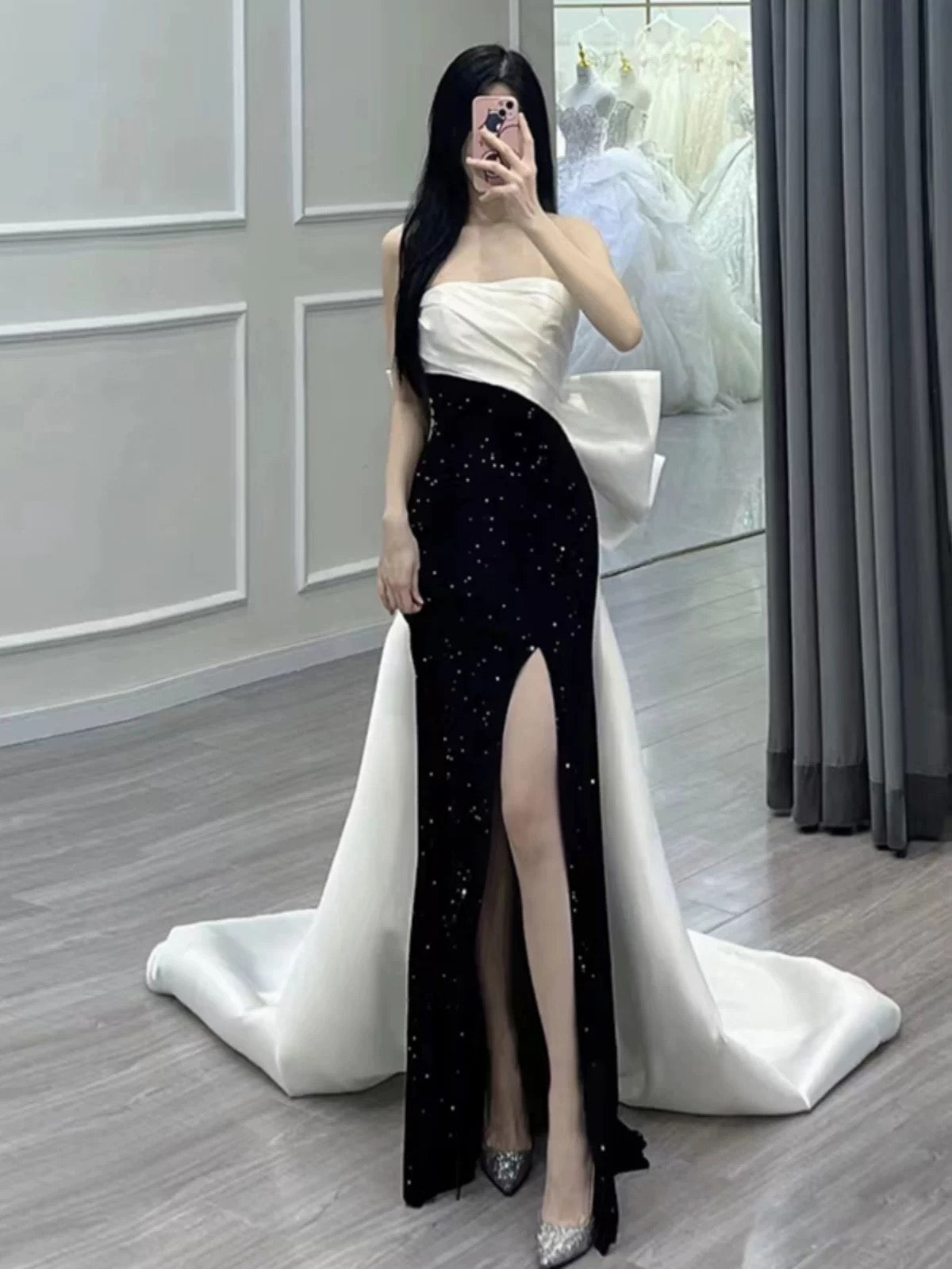 Elegant Mermaid Strapless Black Sequin Long Prom Dress Evening Dresses C3269