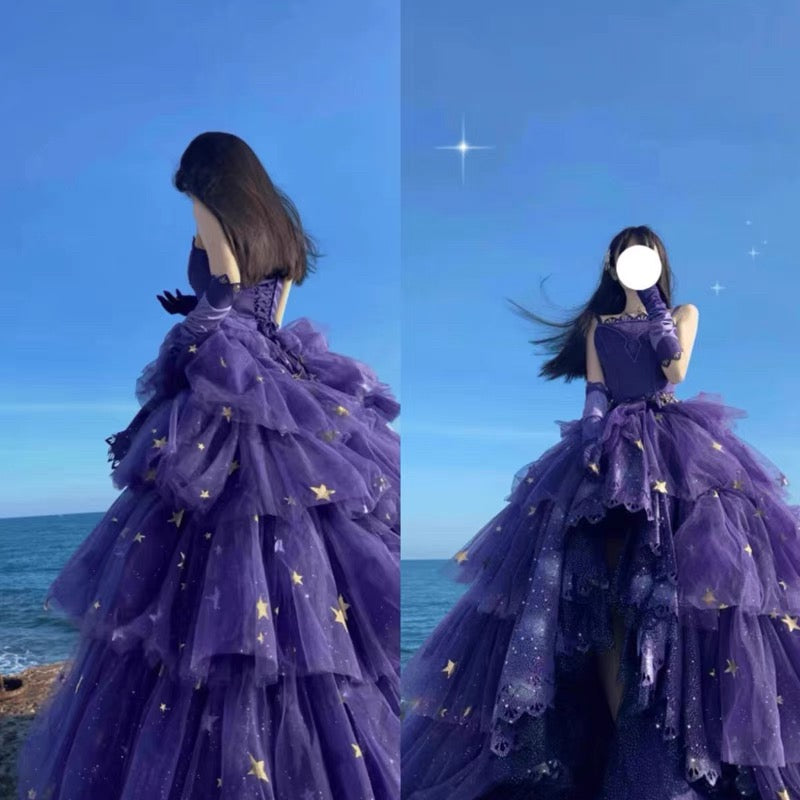 Elegant Ball Gown Strapless Purple Satin Long Prom Dress Evening Dresses C3273