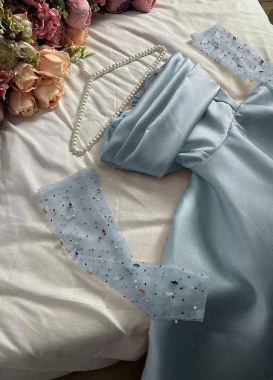 Robe de soirée longue en satin bleu à manches longues et décolleté en cœur, élégante, robe de bal, robe de soirée C3274