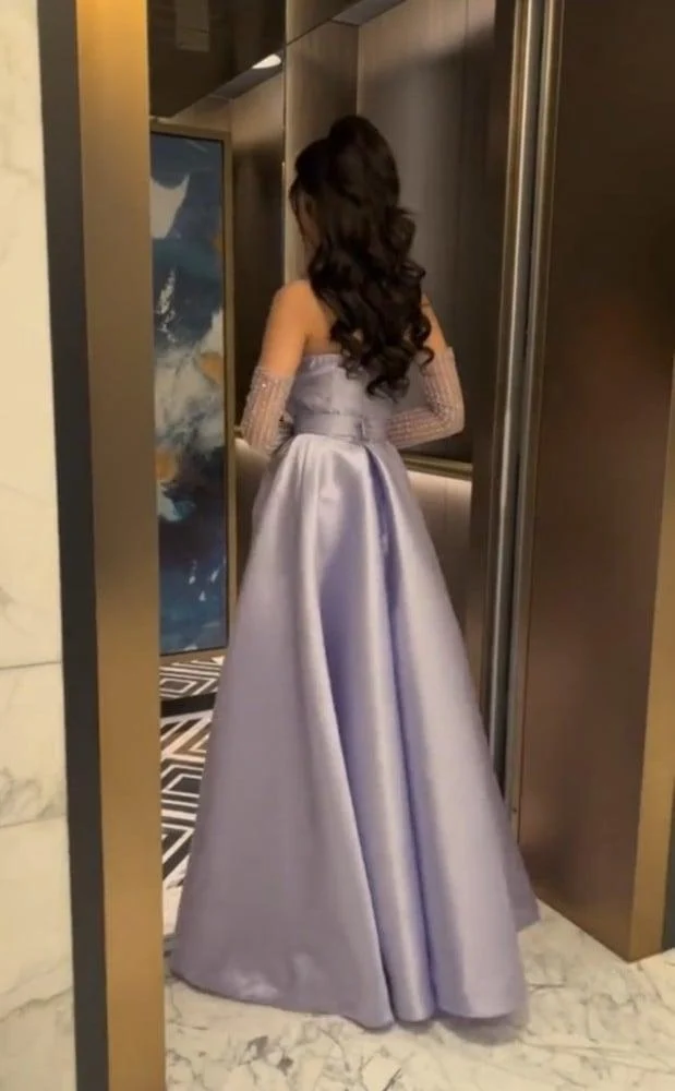 Robe de soirée longue en satin lilas à manches longues et sans bretelles, élégante, robe de bal, robe de soirée C3276