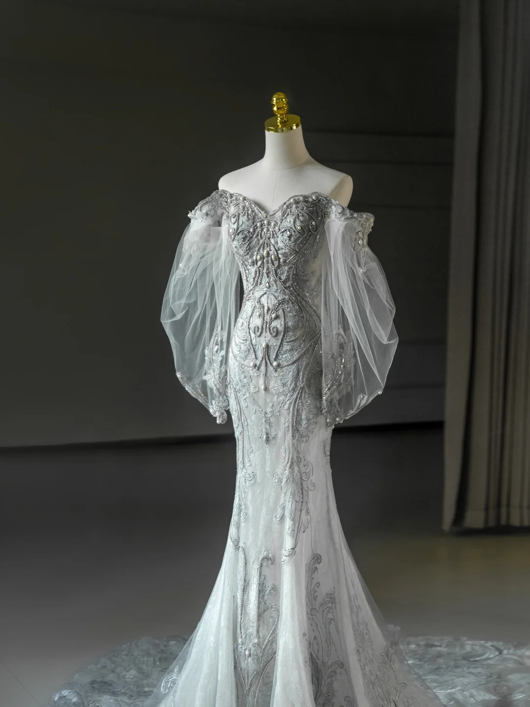 Robe de mariée sirène élégante, épaules dénudées, en Tulle et dentelle, longue, C327