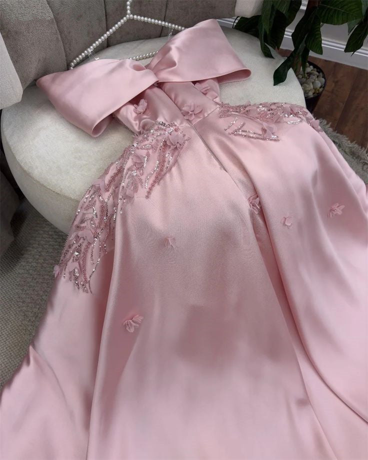 Cute A Line Off The Shoulder Pink Long Satin Beads Long Prom Dresses Party Dress C3283