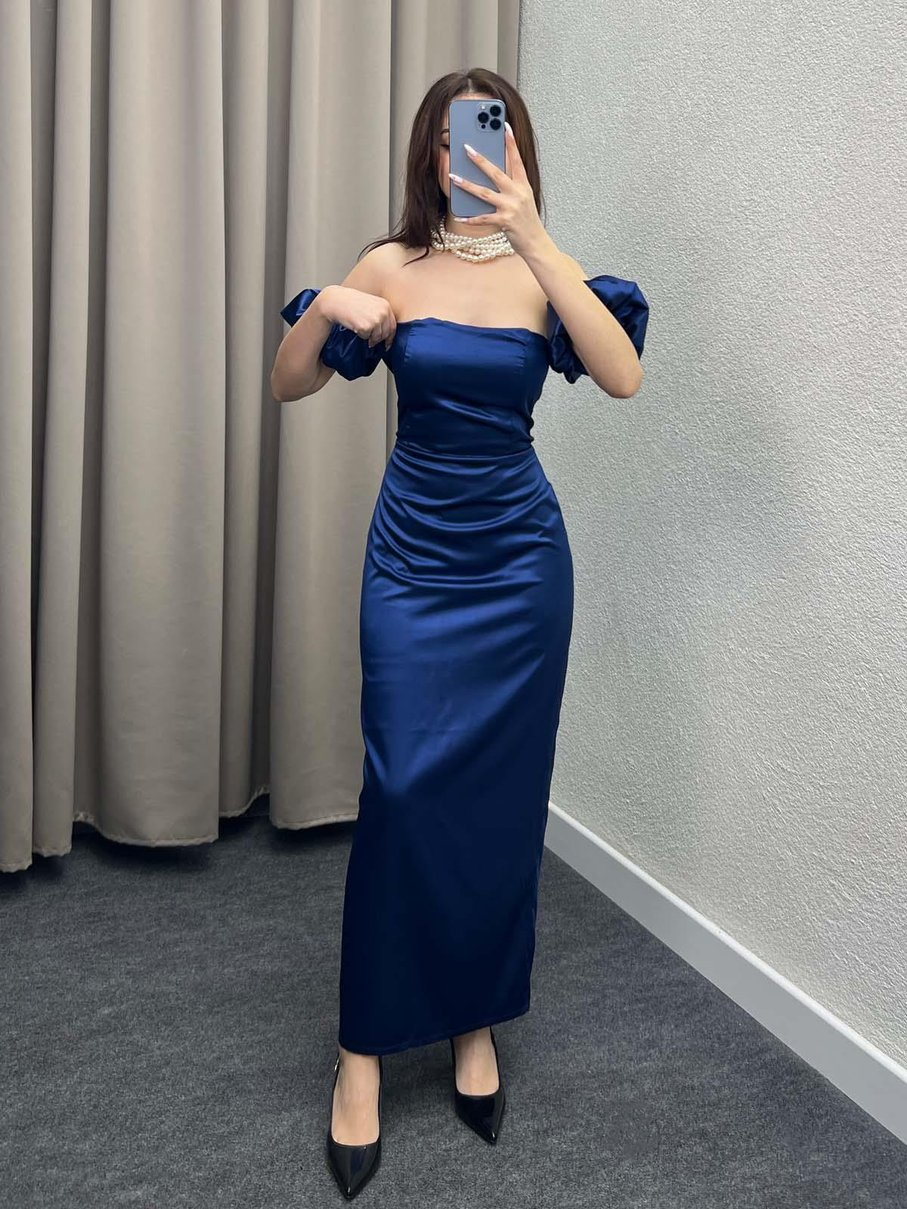 Sexy Sheath Off The Shoulder Royal Blue Long Satin Prom Dresses Party Dress C3289