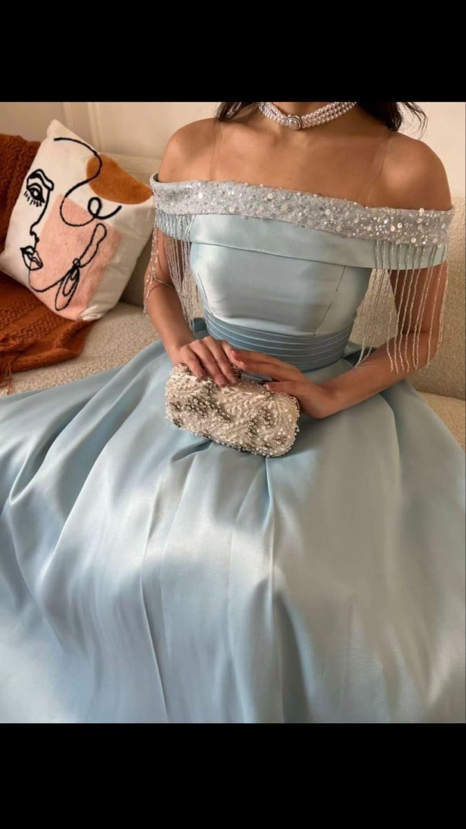 Sexy A line Off The Shoulder Light Sky Blue Prom Dress With Beads Long Satin Prom Dresses Party Dress C3311