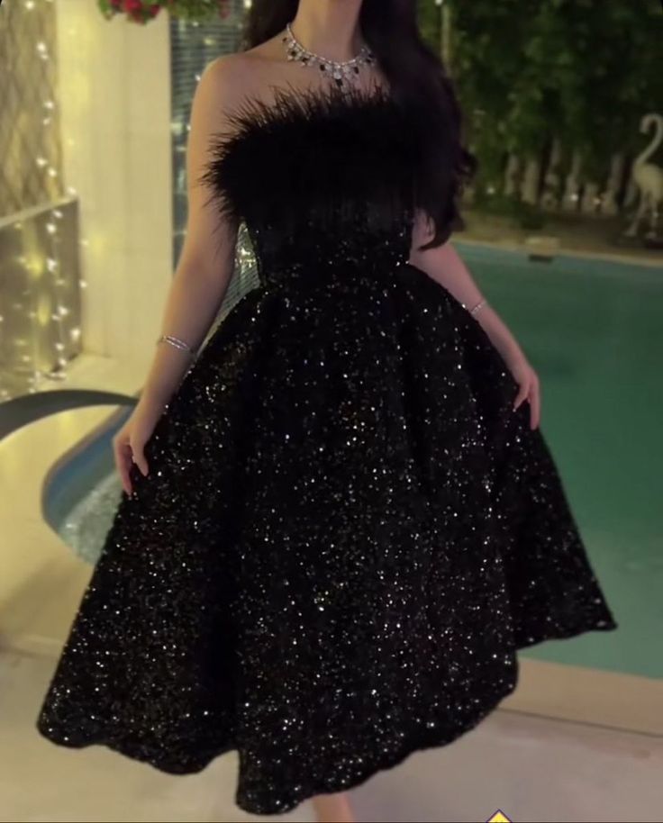 Sexy Ball Gown Strapless Black Sequin Prom Dress Long Prom Dresses Party Dress With Feather C3315