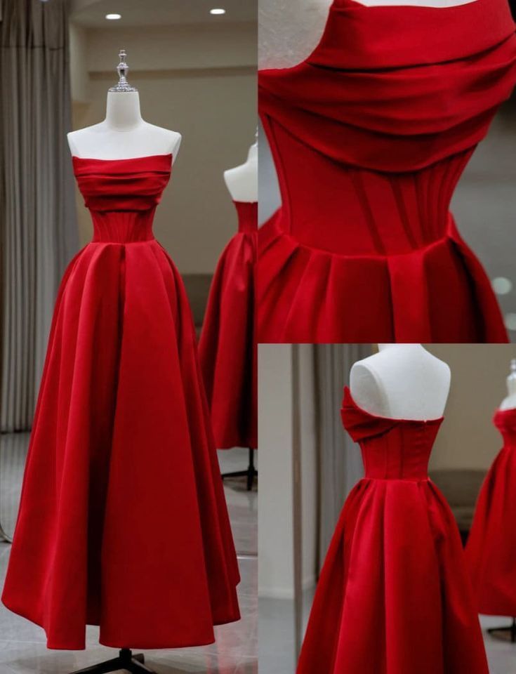 Sexy A line Strapless Red Satin Prom Dress Long Prom Dresses Party Dress With Ruffles C3317