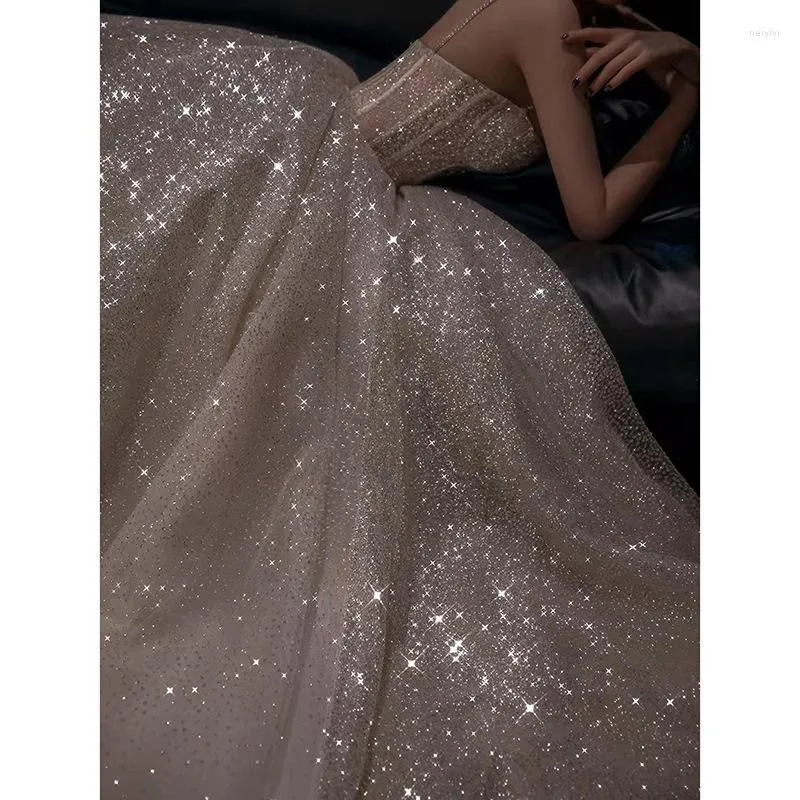 Pretty A Line Spaghetti Straps Silver Sequin Long Prom Dress Evening Dresses C3389