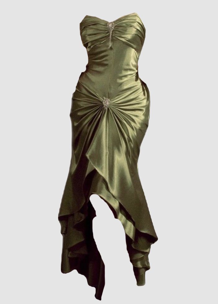 Pretty Mermaid Spaghetti Straps Green Satin Ruffles Evening Dress Prom Dresses C3412