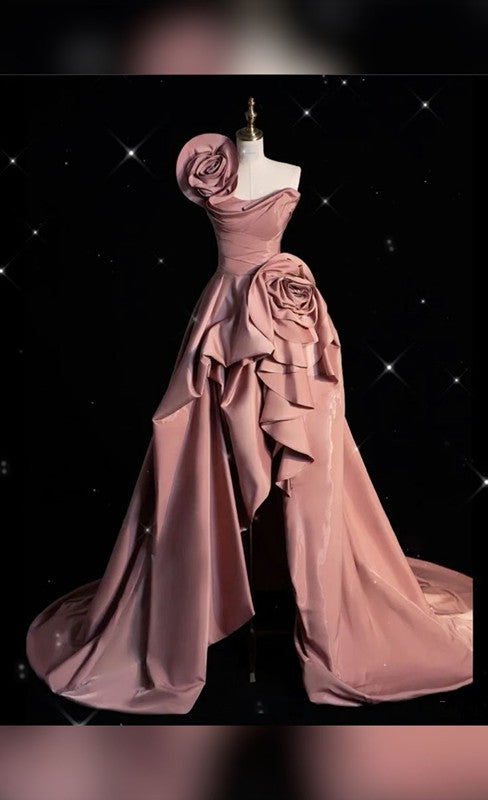 Pretty High Low One Shoulder Pink Satin Evening Dress Prom Dresses C3425