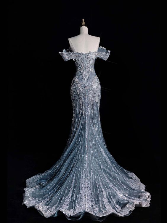 Robe de mariée sirène élégante, épaules dénudées, paillettes, longues, bleues, CC342