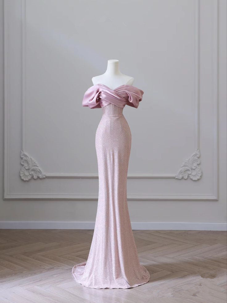 Pretty Sheath Off The Shoulder Pink Long Evening Dress Prom Dresses With Pleated C3438