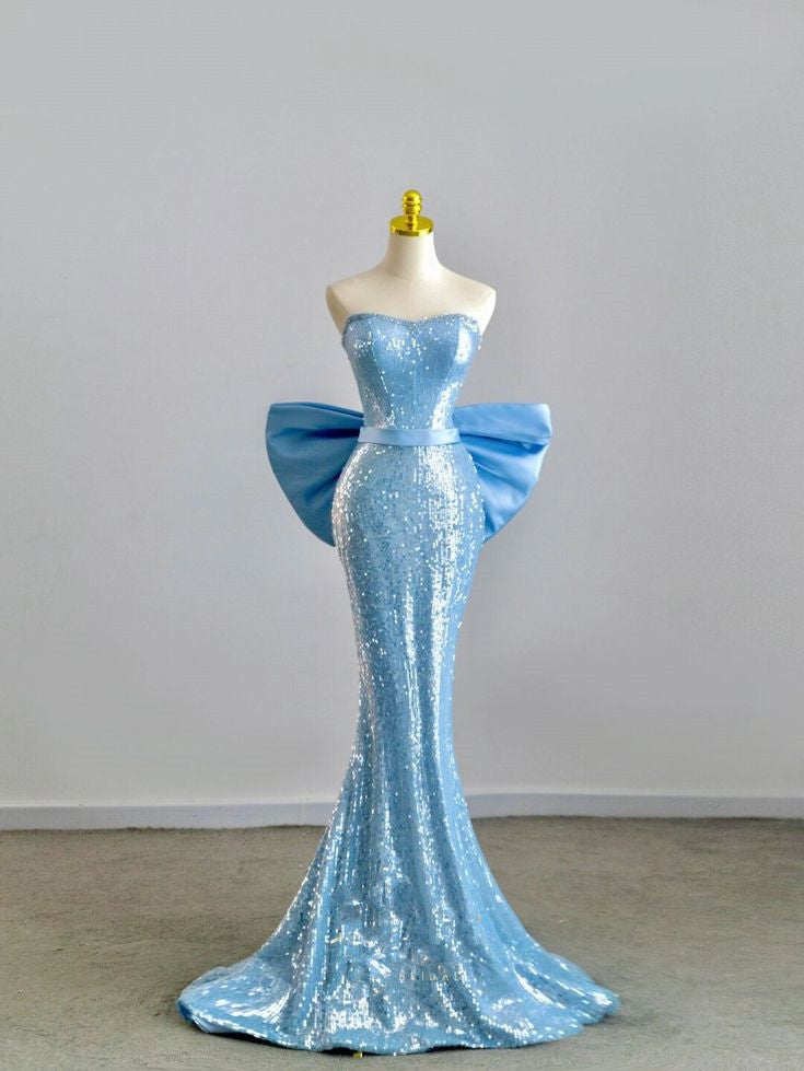 Pretty Mermaid Sweetheart Sequin Long Evening Dress Prom Dresses With Bow C3441