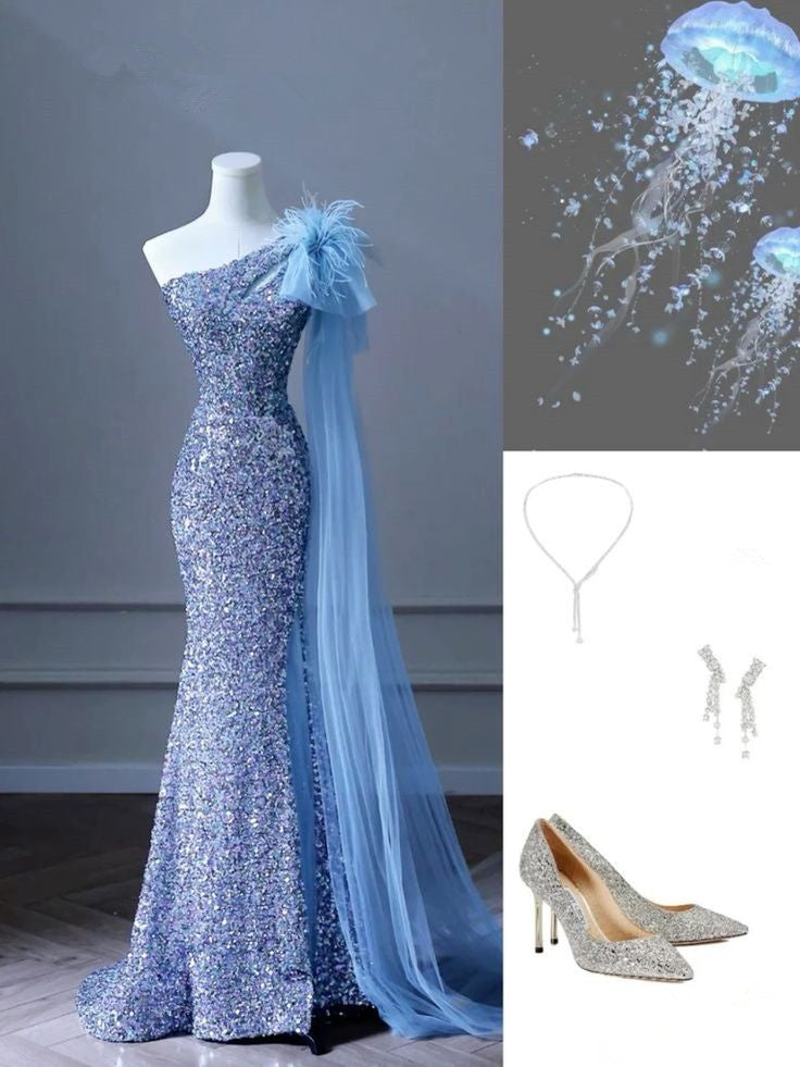Pretty Mermaid One Shoulder Sequin Blue Slit Long Evening Dress Prom Dresses With Feather C3444