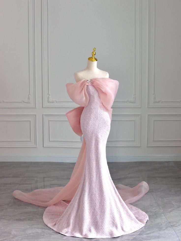 Pretty Mermaid Strapless Pink Sequin Long Evening Dress Prom Dresses With Bow C3450