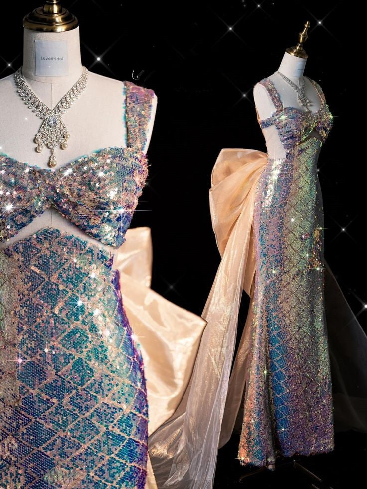 Pretty Mermaid Sweetheart Sequin Long Evening Dress Prom Dresses With Bow C3453