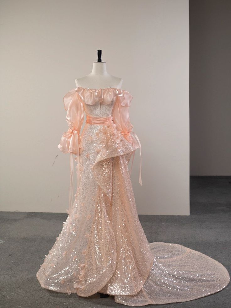 Pretty Mermaid Off The Shoulder Sequin Long Sleeves Evening Dress Pink Prom Dresses With Ruffles C3468