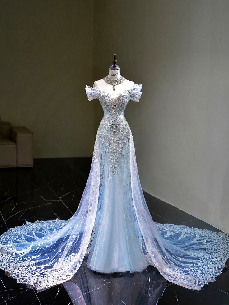 Pretty Mermaid Off The Shoulder Sequin Cap Sleeves Blue Evening Dress Long Prom Dresses With Beads C3471