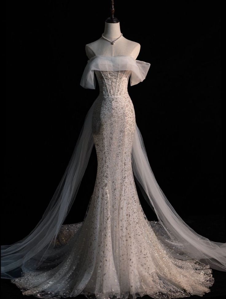 Chic Mermaid Off The Shoulder Sequin Sequin White Long Wedding Dresses With Train C3476