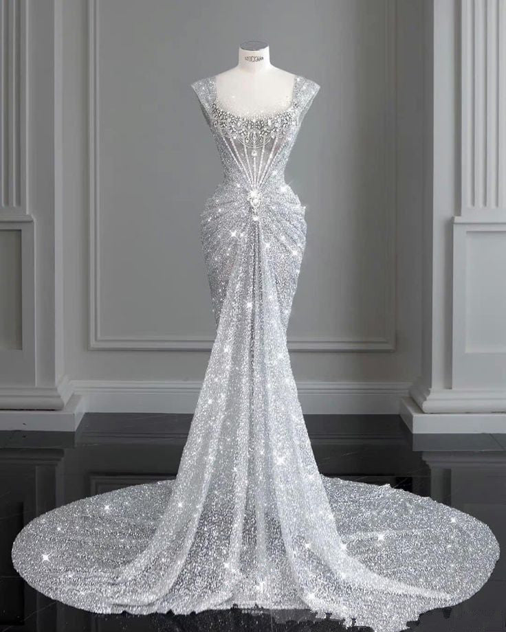 Chic Mermaid Square Neckline Sequin White Long Wedding Dresses With Train C3477