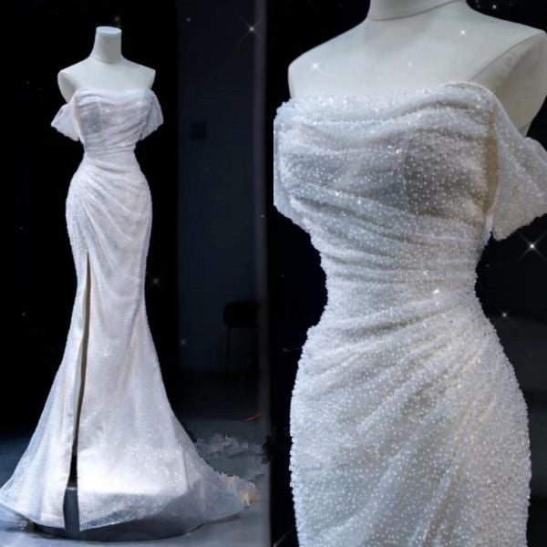 Chic Mermaid Off The Shoulder Sequin White Long Wedding Dresses With Slit C3478