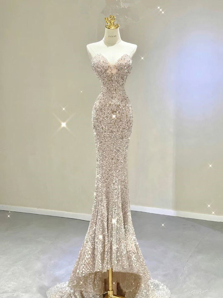 Pretty Mermaid Sweetheart Sequin Champagne Long Evening Dress Prom Dresses C3481