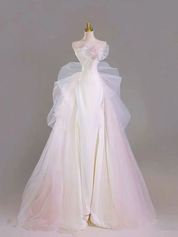 Chic Mermaid Strapless Satin White Long Wedding Dresses With Bow C3482