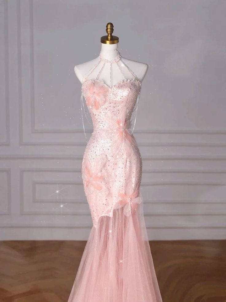 Elegant Mermaid Sweetheart Sequin Pink Sleeveless Long Prom Dresses C3486