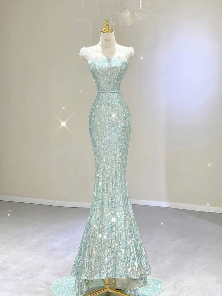 Elegant Mermaid Strapless Sequin Mint Green Sleeveless Long Prom Dresses C3487