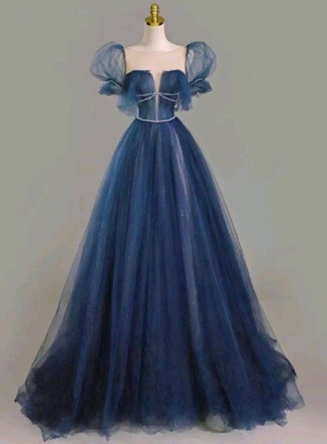 Pretty A Line Short Puffy Sleeves Navy Blue Long Evening Dress Prom Dresses With Beads C3488