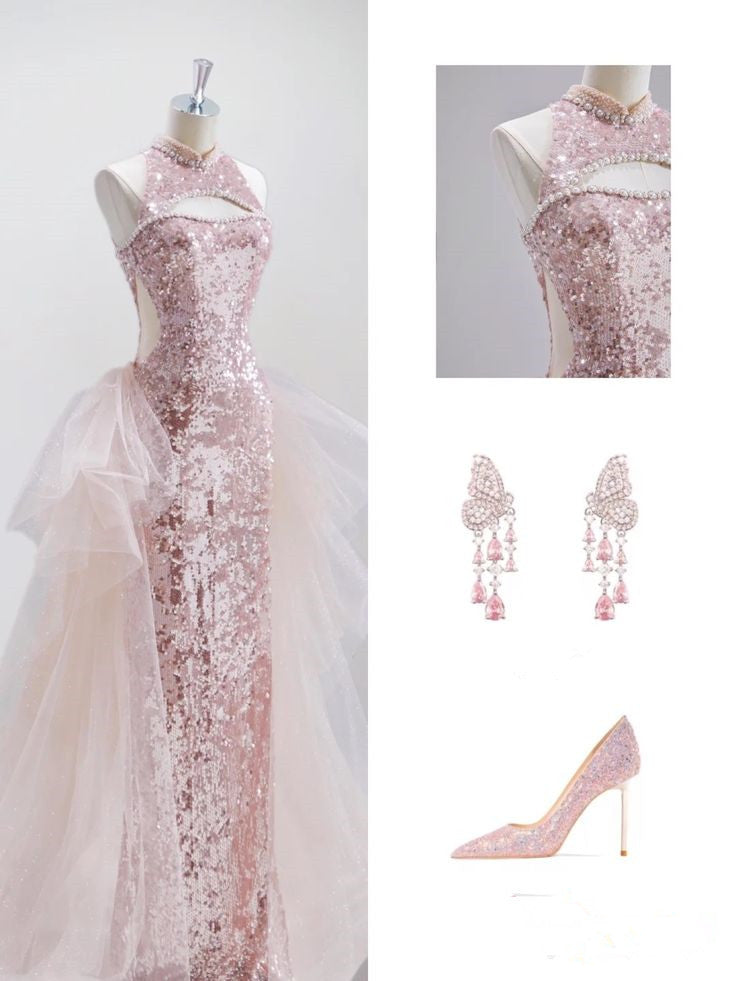 Elegant Mermaid High Neckline Sequin Pink Sleeveless Long Prom Dresses C3490