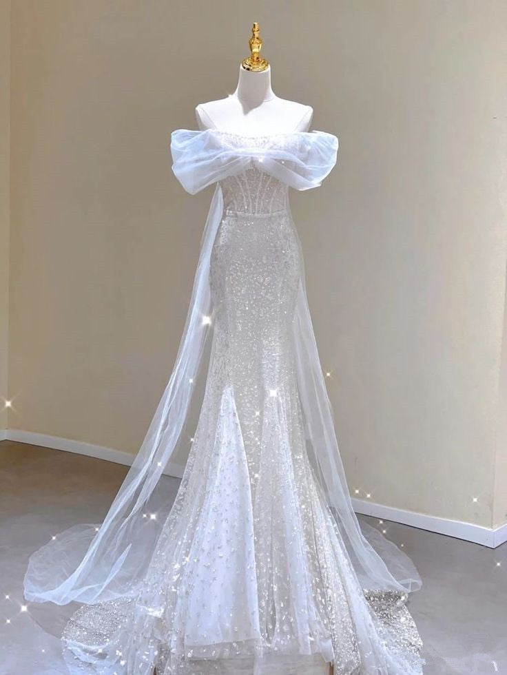 Chic Mermaid Off The Shoulder Sequin Tulle Long Wedding Dresses With Sleeves C3494