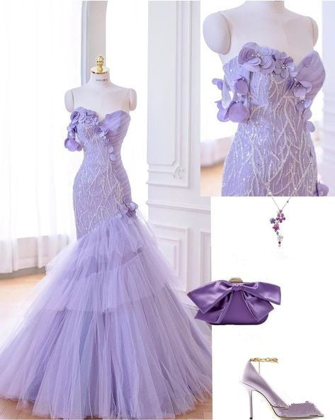 Elegant Mermaid Sweetheart Sequin Lilac Sleeveless Long Prom Dresses Party Dress C3498