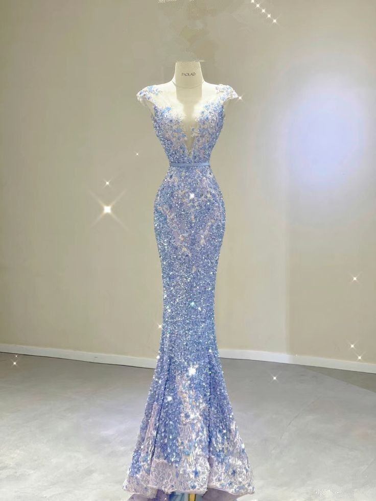 Elegant Mermaid Scoop Neckline Sequin Blue Evening Dress Long Prom Dresses C3499