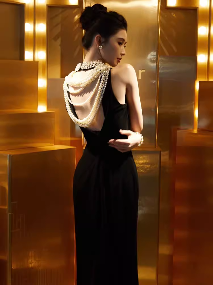 Robes de bal longues en velours noir sirène vintage C34
