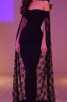 Elegant Mermaid Off The Shoulder Black Lace Long Prom Dresses Party Dress With Cape C3501