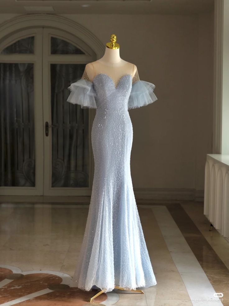 Elegant Mermaid Off The Shoulder Light Sky Blue Sequin Evening Dress Long Prom Dresses C3502