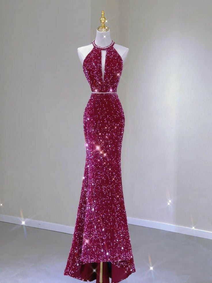 Elegant Mermaid Scoop Neckline Hot Pink Sequin Long Prom Dresses Party Dress With Beads C3515