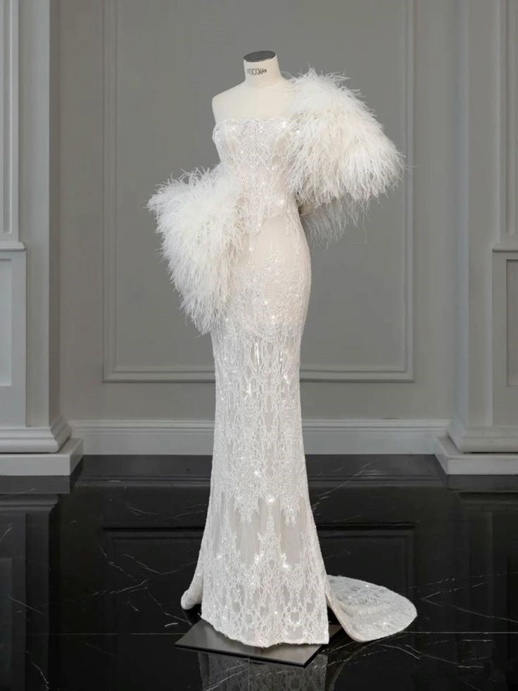 Vintage Mermaid Strapless White Lace Long Wedding Dresses With Ruffles C3516