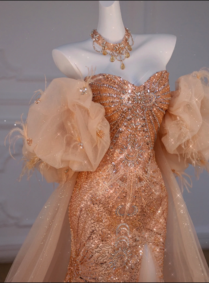 Robe de soirée longue fendue en paillettes scintillantes à col en cœur et sirène dorée avec perles C3455