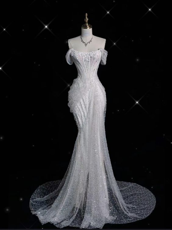 Elegant Mermaid Off The Shoulder Sequin Long White Wedding Dresses CC3 BlingDress Elegant Mermaid Off The Shoulder Sequin Long White Wedding Dresses CC3 BlingDress
