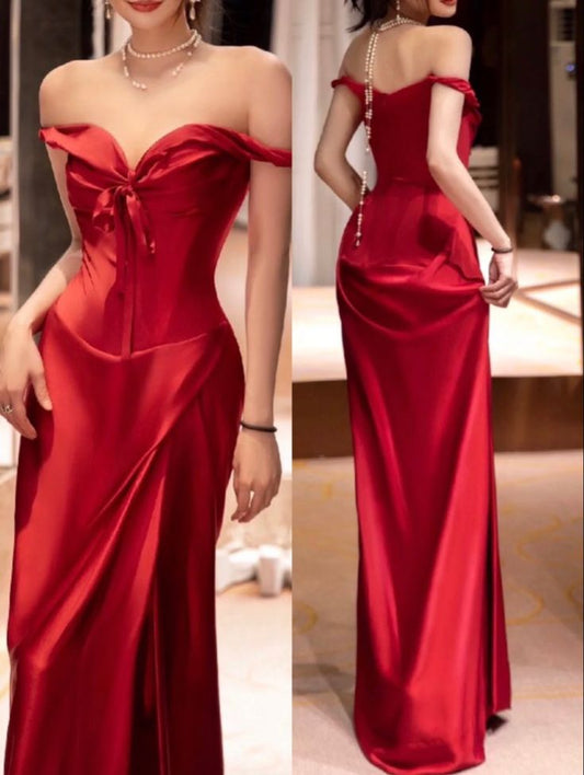 Vintage Sheath Off The Shoulder Red Satin Long Length Prom Dresses Birthday Outfits C3564