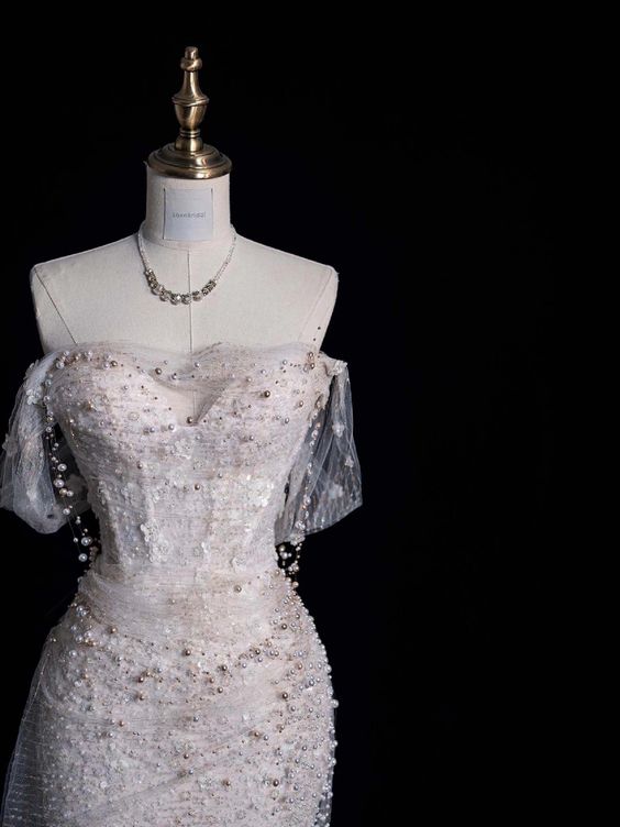 Elegant Mermaid Off The Shoulder Sequin Pearls Long White Wedding Dresses CC357